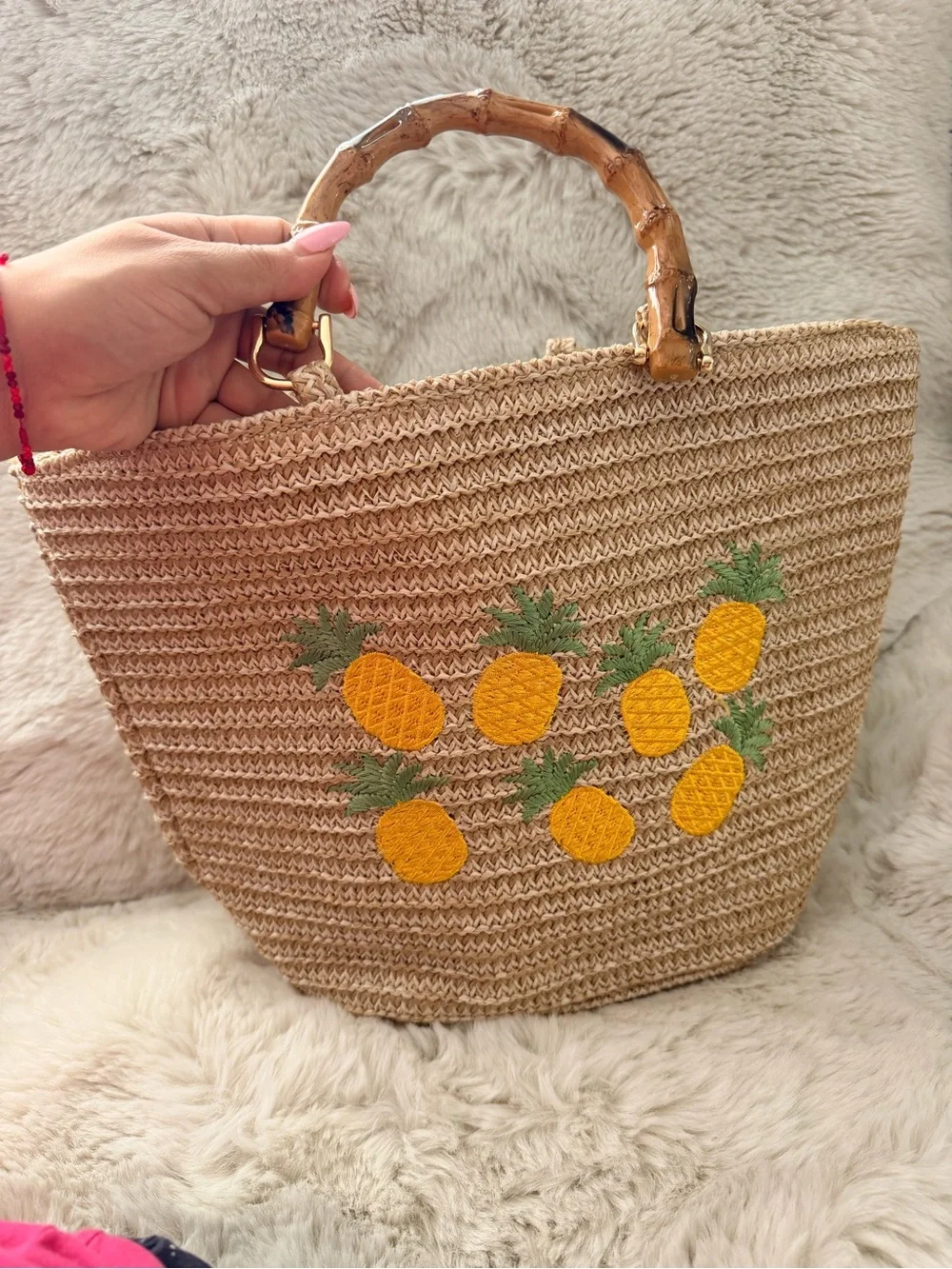 Straw Pineapple Embroidered Satchel with Bamboo Handles - Yellow